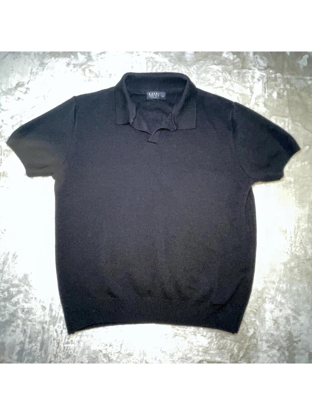 boohooMAN Men’s Black Ribbed Short Sleeve Buttonless Polo with Stretch Sz M